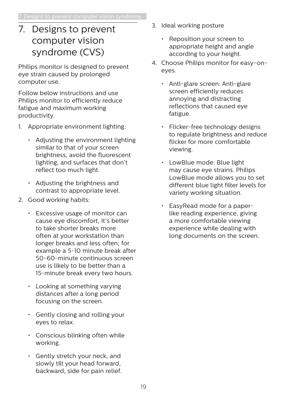 Designs to prevent computer vision syndrome (cvs), Designs to prevent computer, Vision syndrome (cvs) | Philips 243B1 23.8" 16:9 USB Type-C IPS Monitor User Manual | Page 21 / 36