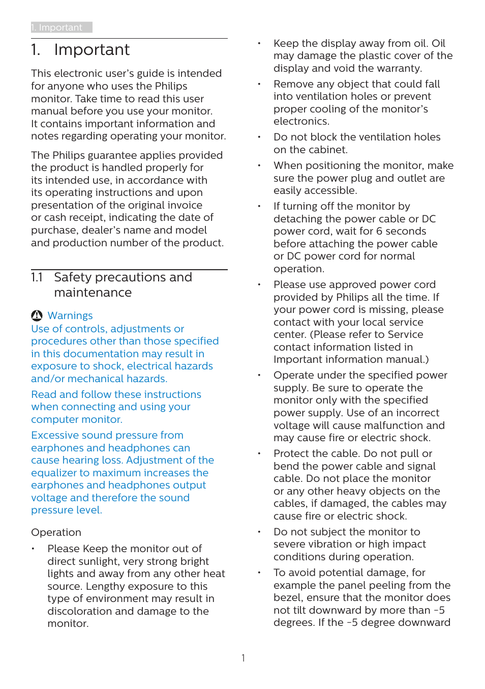 Important, 1 safety precautions and maintenance, 1 safety precautions and | Maintenance | Philips 243B1 23.8" 16:9 USB Type-C IPS Monitor User Manual | Page 3 / 36