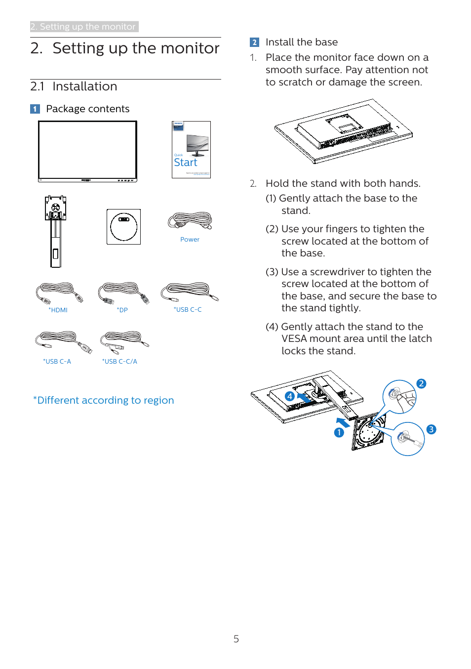 Setting up the monitor, 1 installation, Start | Package contents | Philips 243B1 23.8" 16:9 USB Type-C IPS Monitor User Manual | Page 7 / 36