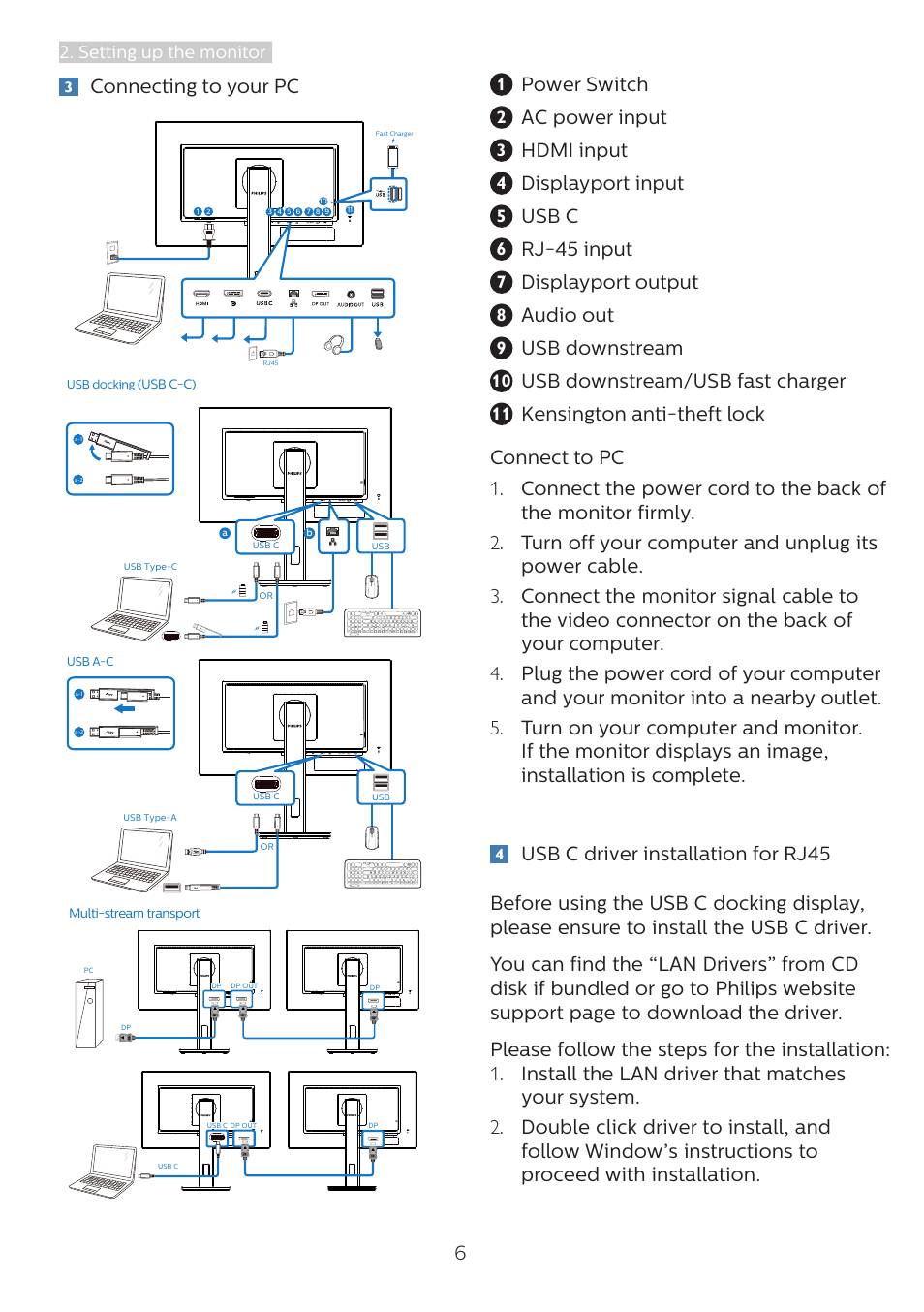 Connecting to your pc, Power switch, Ac power input | Hdmi input, Displayport input, Usb c, Rj-45 input, Displayport output, Audio out, Usb downstream | Philips 243B1 23.8" 16:9 USB Type-C IPS Monitor User Manual | Page 8 / 36