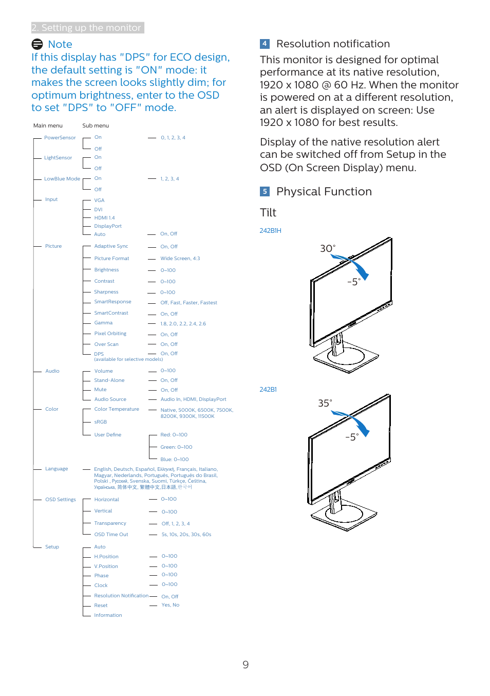 Physical function tilt, Setting up the monitor | Philips 242B1H 23.8" 16:9 Adaptive-Sync IPS Monitor User Manual | Page 11 / 38