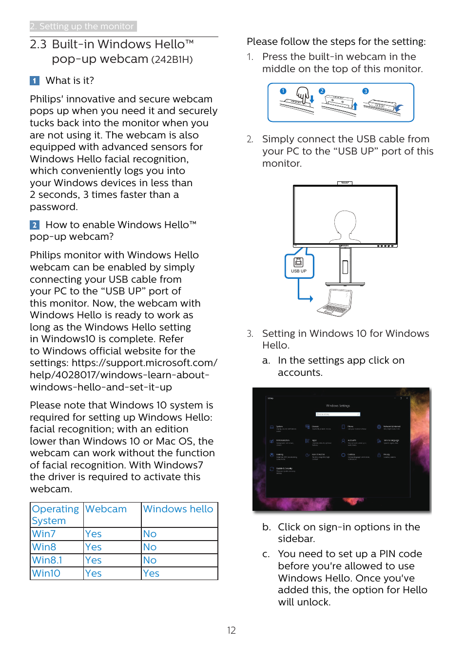 3 built-in windows hello™ pop-up webcam (242b1h), 3 built-in windows hello™ pop, Up webcam (242b1h) | 3 built-in windows hello™ pop-up webcam | Philips 242B1H 23.8" 16:9 Adaptive-Sync IPS Monitor User Manual | Page 14 / 38