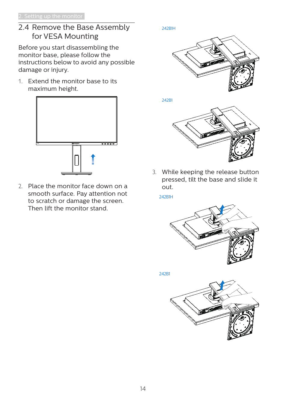 4 remove the base assembly for vesa mounting, 4 remove the base assembly for, Vesa mounting | Philips 242B1H 23.8" 16:9 Adaptive-Sync IPS Monitor User Manual | Page 16 / 38