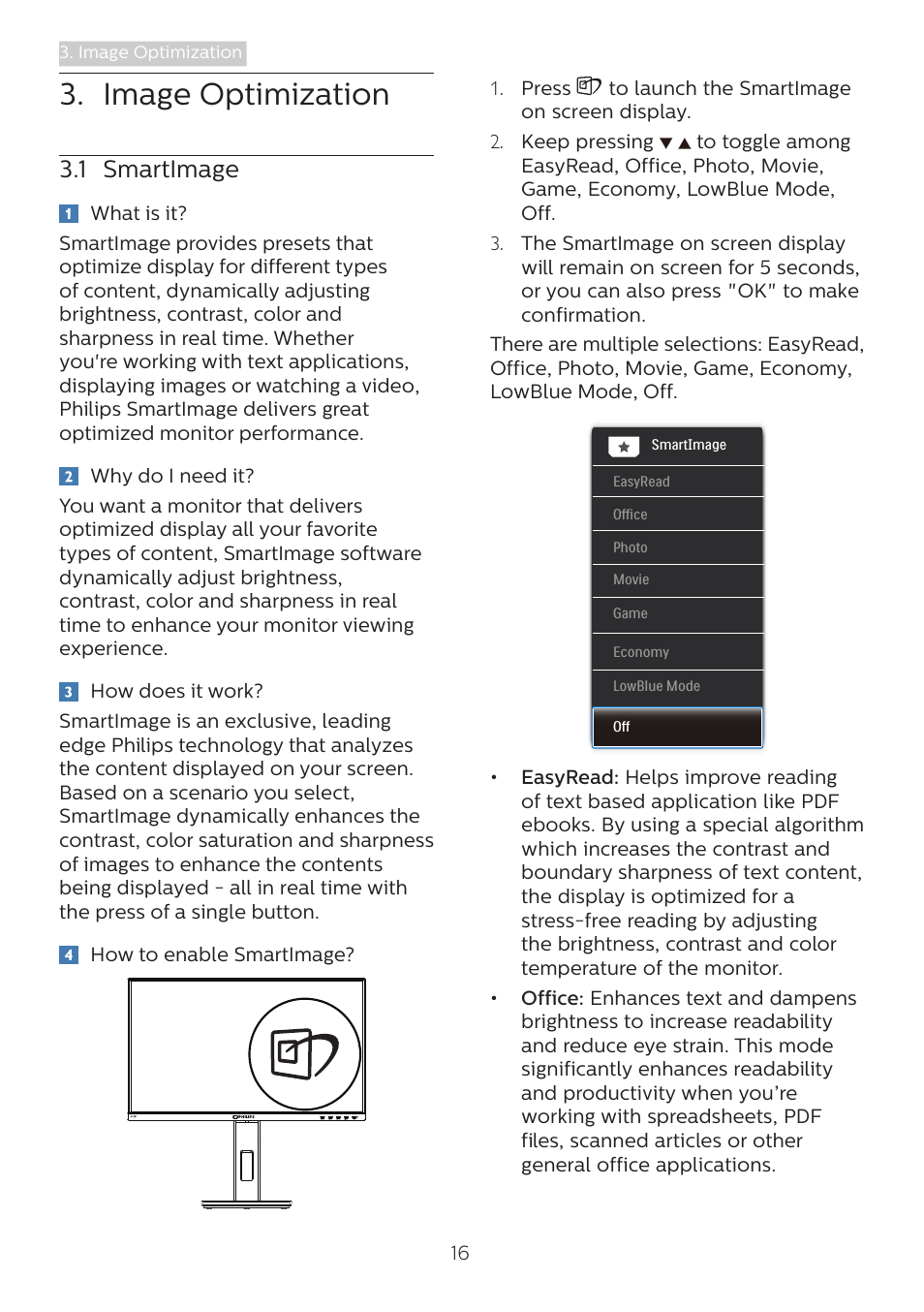 Image optimization, 1 smartimage | Philips 242B1H 23.8" 16:9 Adaptive-Sync IPS Monitor User Manual | Page 18 / 38