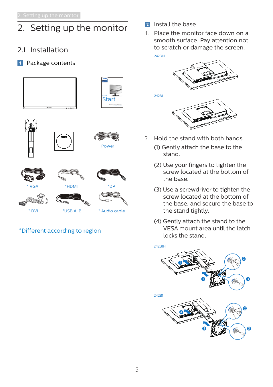 Setting up the monitor, 1 installation, Package contents | Start | Philips 242B1H 23.8" 16:9 Adaptive-Sync IPS Monitor User Manual | Page 7 / 38