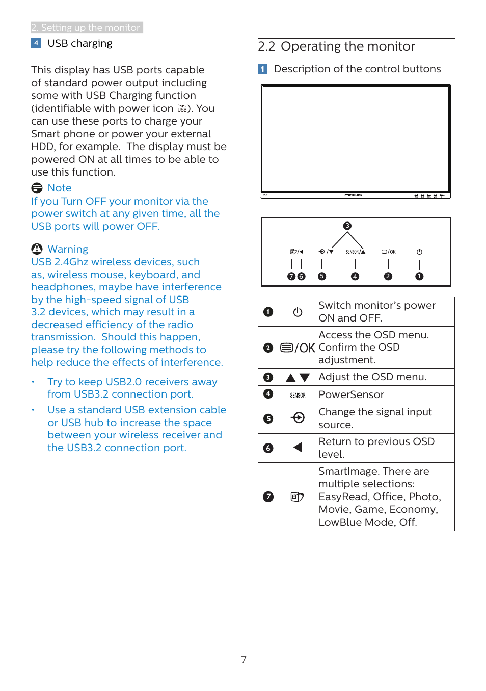 2 operating the monitor | Philips 242B1H 23.8" 16:9 Adaptive-Sync IPS Monitor User Manual | Page 9 / 38