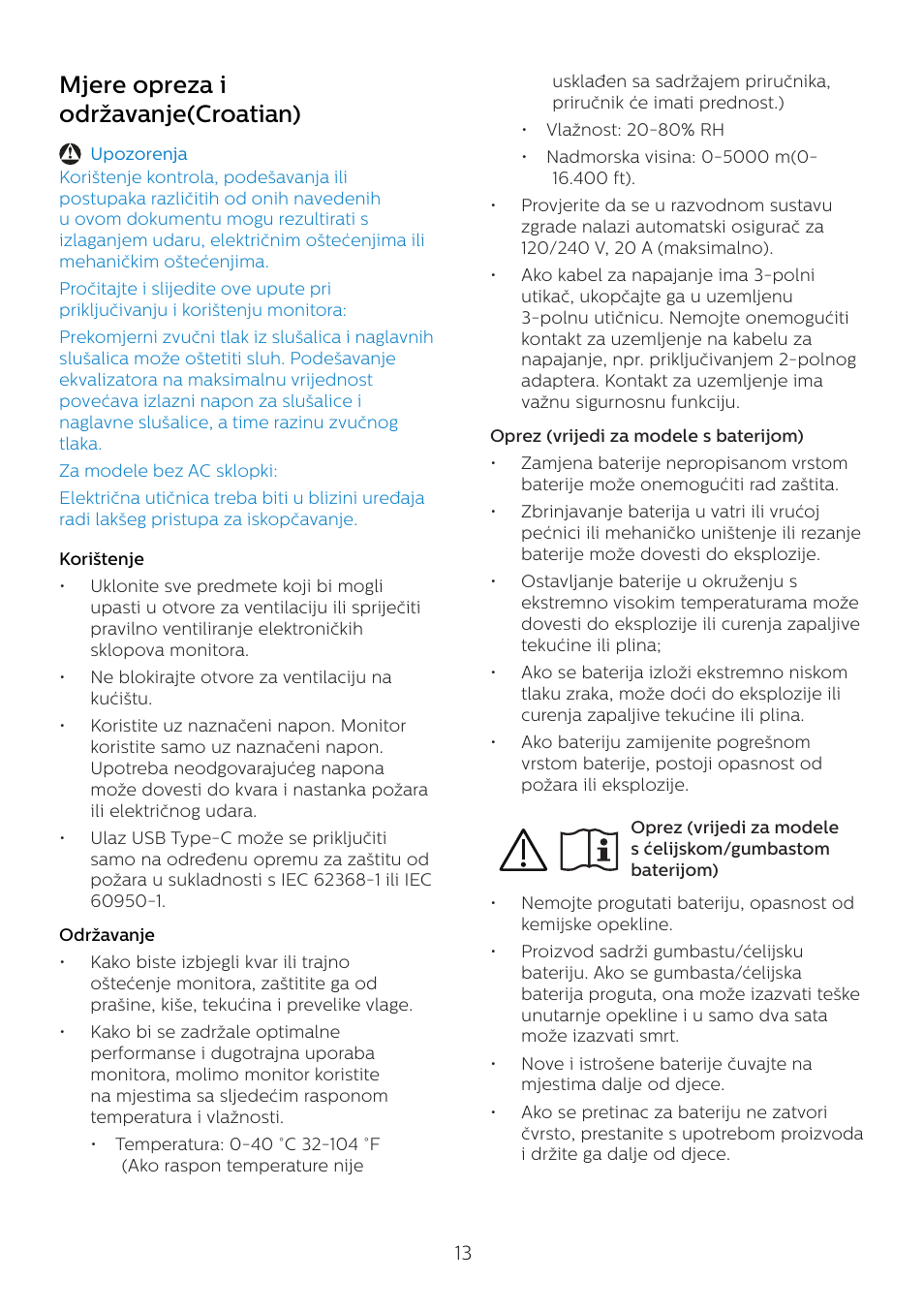 Mjere opreza i održavanje(croatian) | Philips 6000 Series 44.5" SuperWide 32:9 1440p HDR Curved Business Monitor User Manual | Page 13 / 108