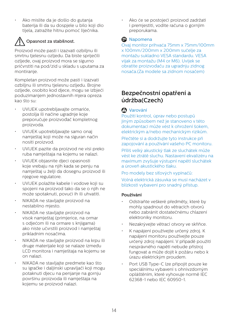 Bezpečnostní opatření a údržba(czech) | Philips 6000 Series 44.5" SuperWide 32:9 1440p HDR Curved Business Monitor User Manual | Page 14 / 108