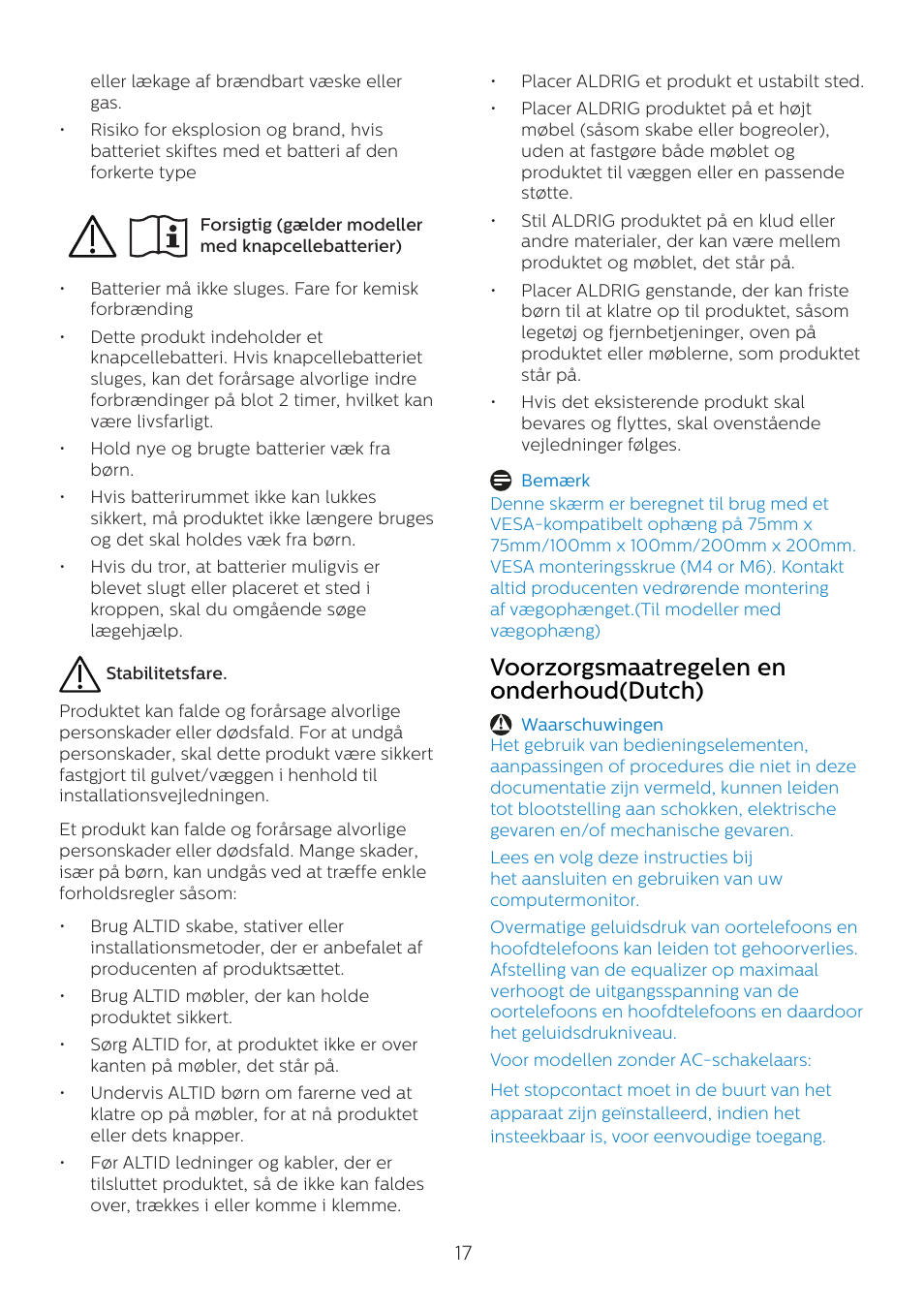 Voorzorgsmaatregelen en onderhoud(dutch) | Philips 6000 Series 44.5" SuperWide 32:9 1440p HDR Curved Business Monitor User Manual | Page 17 / 108