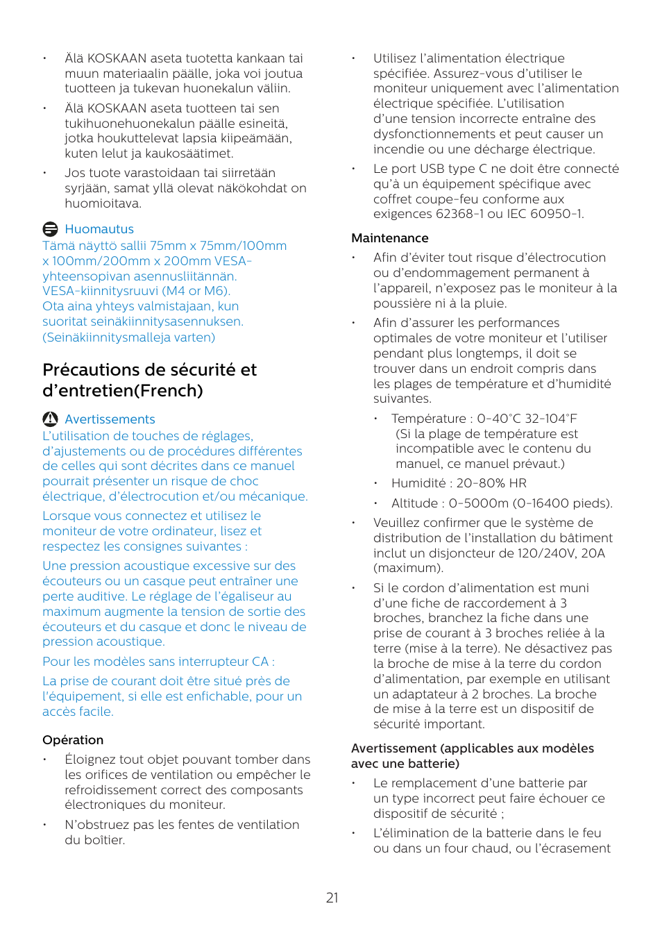 Précautions de sécurité et d’entretien(french) | Philips 6000 Series 44.5" SuperWide 32:9 1440p HDR Curved Business Monitor User Manual | Page 21 / 108