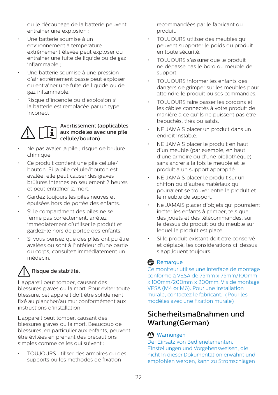 Sicherheitsmaßnahmen und wartung(german) | Philips 6000 Series 44.5" SuperWide 32:9 1440p HDR Curved Business Monitor User Manual | Page 22 / 108