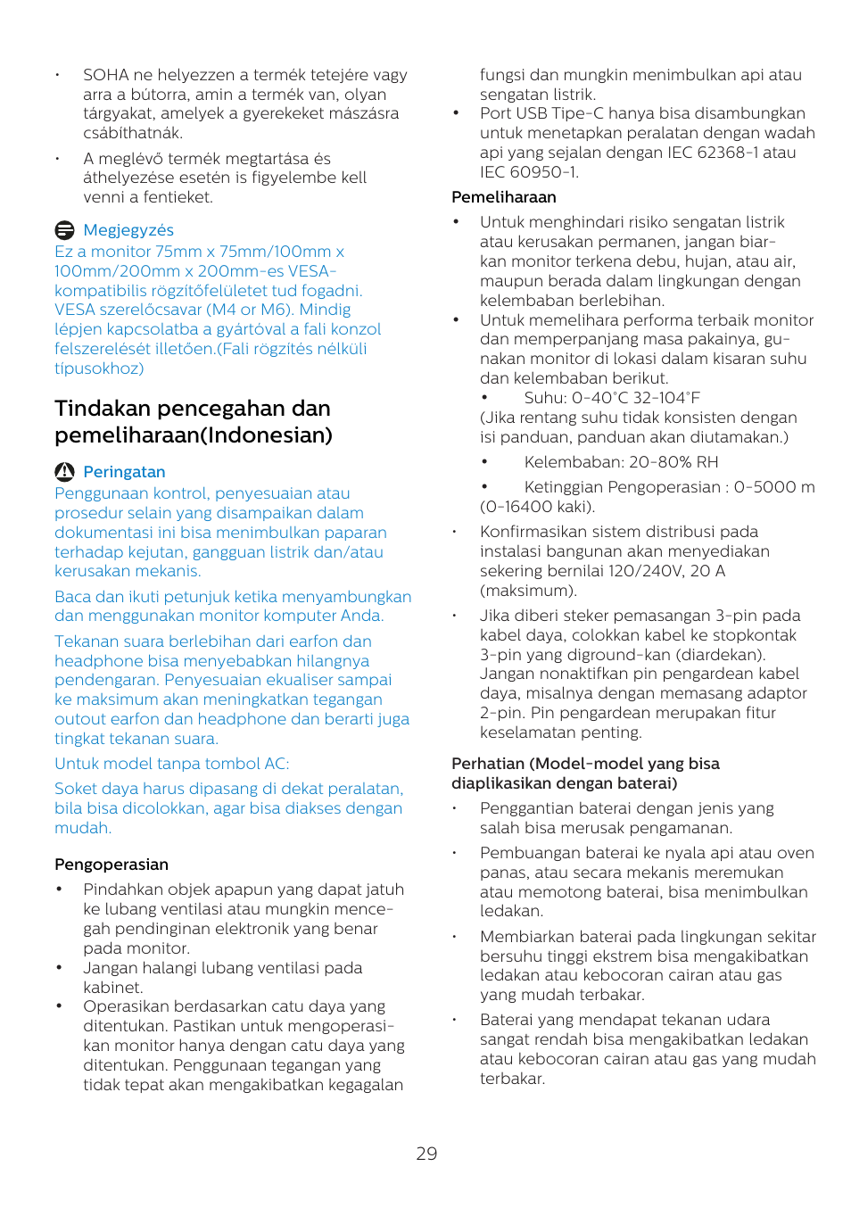 Tindakan pencegahan dan pemeliharaan(indonesian) | Philips 6000 Series 44.5" SuperWide 32:9 1440p HDR Curved Business Monitor User Manual | Page 29 / 108