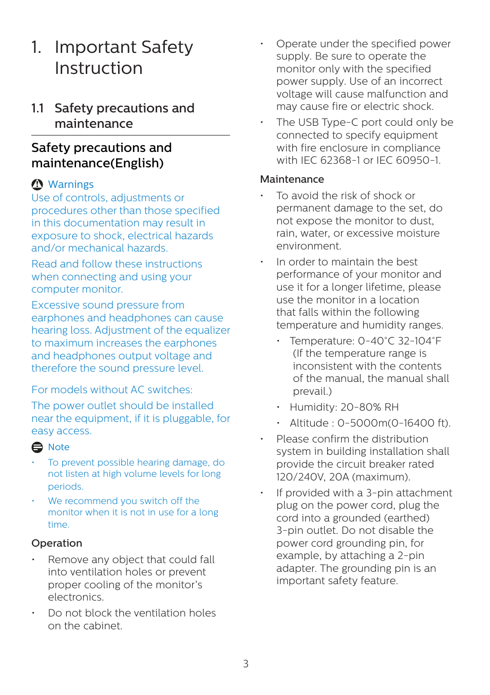 Important safety instruction, 1 safety precautions and maintenance, 1 safety precautions and | Maintenance | Philips 6000 Series 44.5" SuperWide 32:9 1440p HDR Curved Business Monitor User Manual | Page 3 / 108