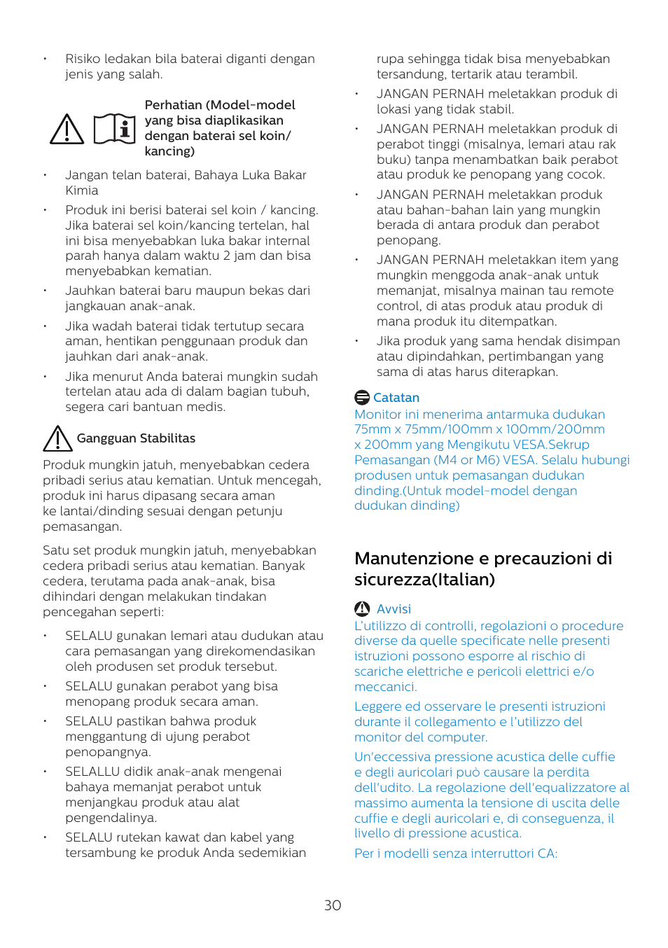 Manutenzione e precauzioni di sicurezza(italian) | Philips 6000 Series 44.5" SuperWide 32:9 1440p HDR Curved Business Monitor User Manual | Page 30 / 108