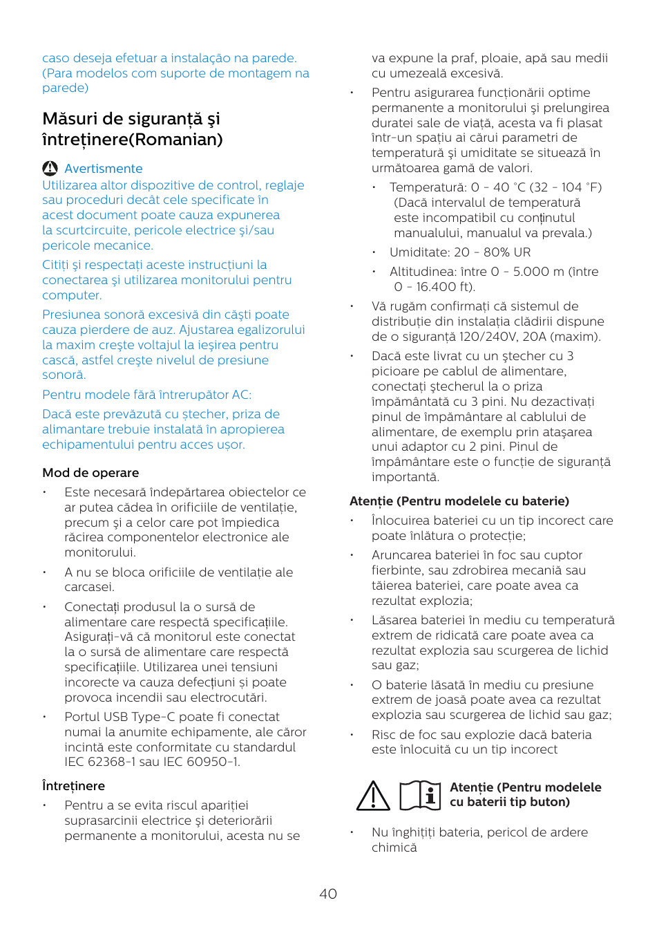 Măsuri de siguranţă şi întreţinere(romanian) | Philips 6000 Series 44.5" SuperWide 32:9 1440p HDR Curved Business Monitor User Manual | Page 40 / 108