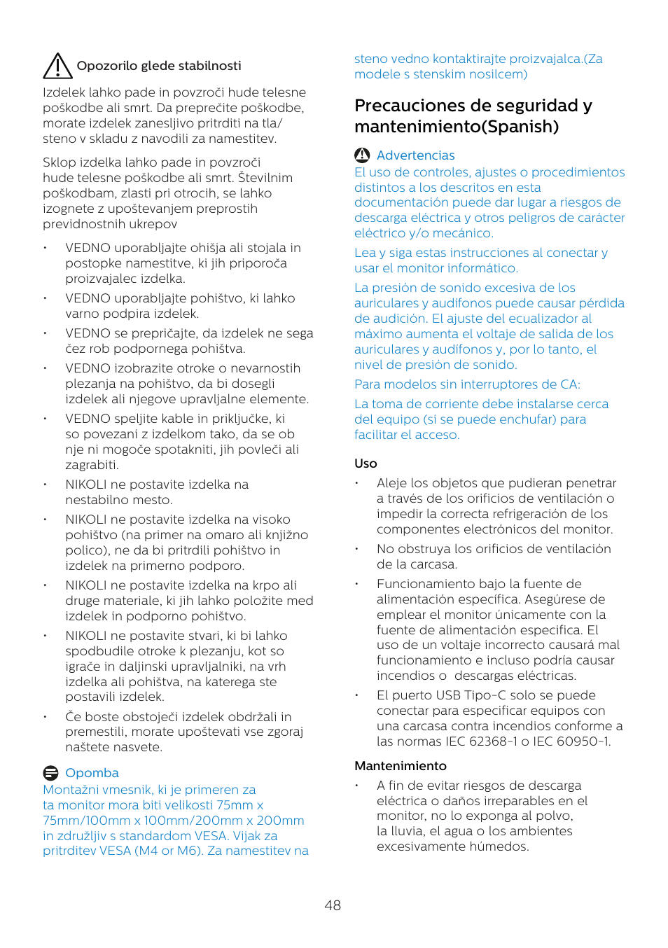 Precauciones de seguridad y mantenimiento(spanish) | Philips 6000 Series 44.5" SuperWide 32:9 1440p HDR Curved Business Monitor User Manual | Page 48 / 108