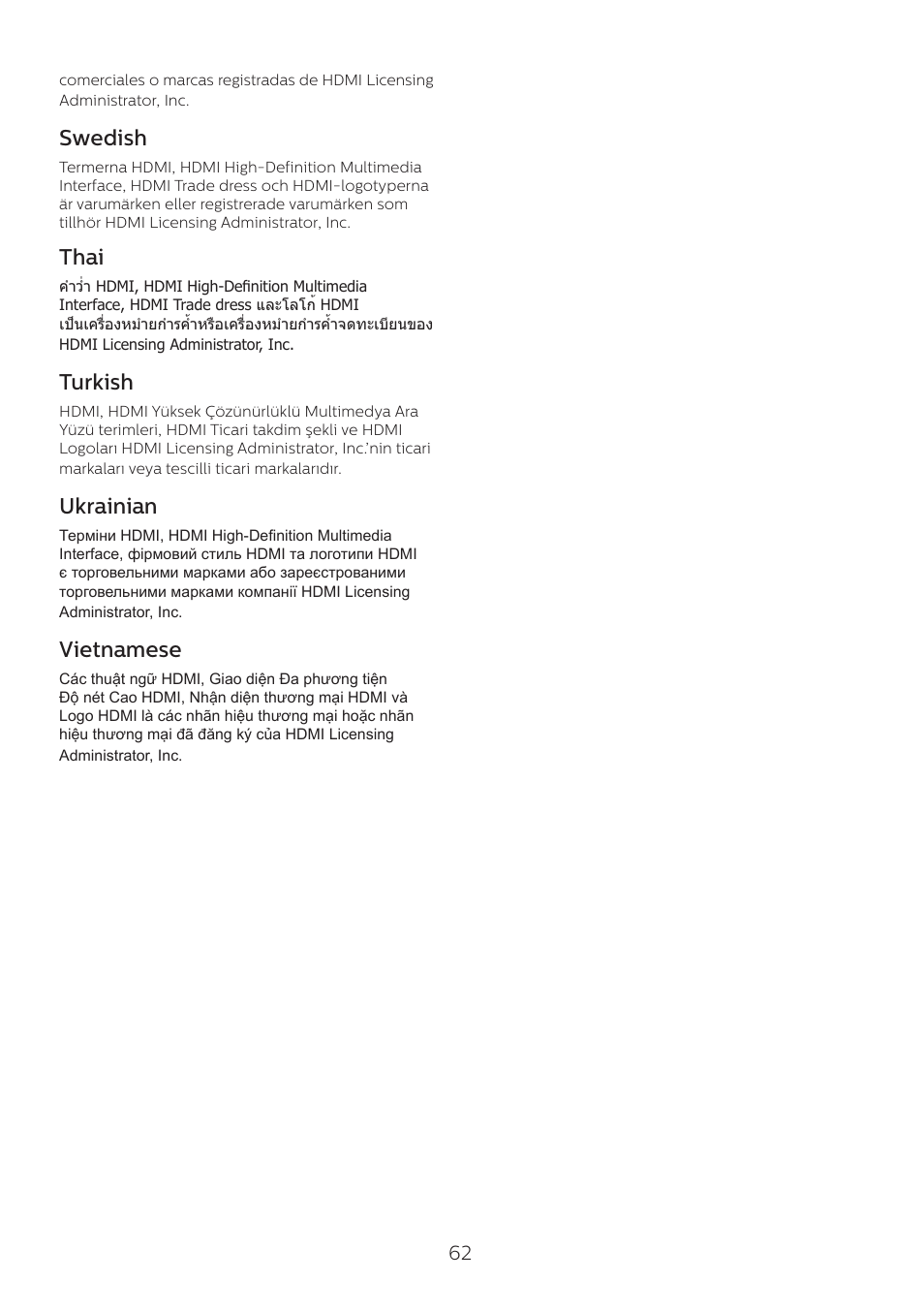 Swedish, Thai, Turkish | Ukrainian, Vietnamese | Philips 6000 Series 44.5" SuperWide 32:9 1440p HDR Curved Business Monitor User Manual | Page 62 / 108