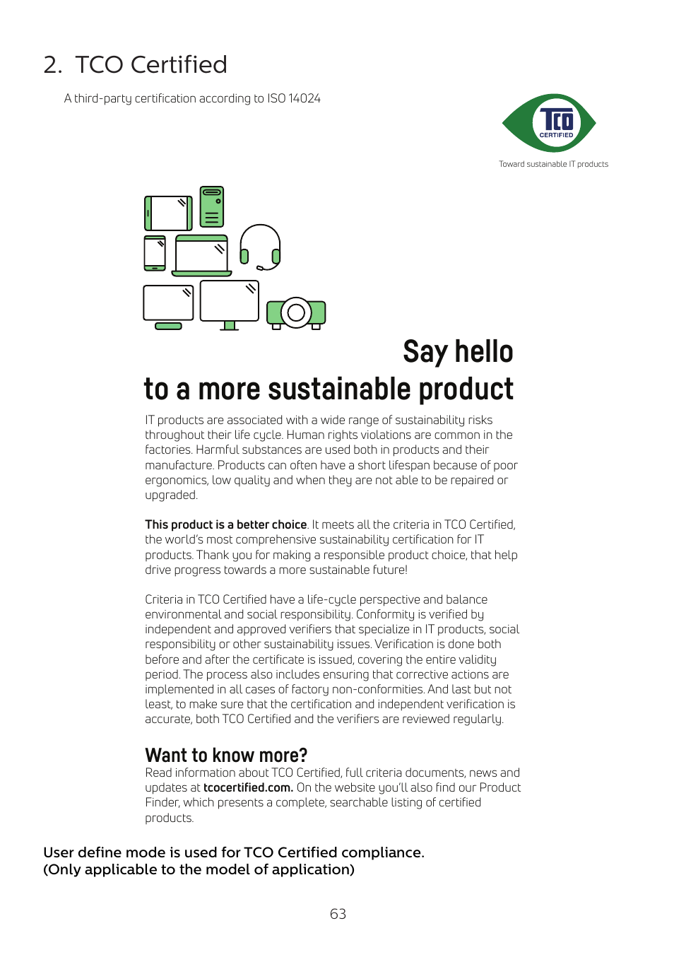 Tco certified, Say hello to a more sustainable product, Want to know more | Philips 6000 Series 44.5" SuperWide 32:9 1440p HDR Curved Business Monitor User Manual | Page 63 / 108