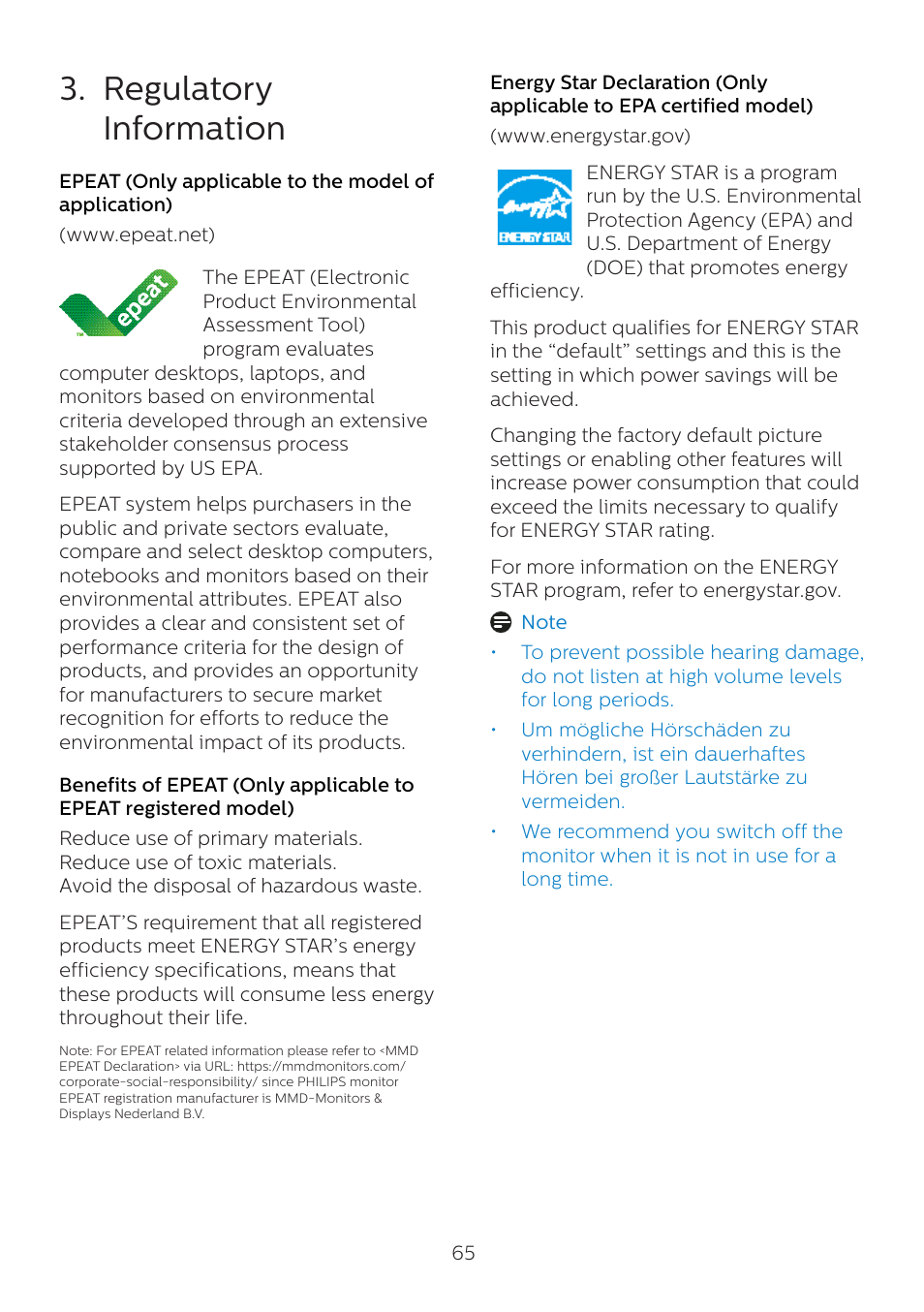 Regulatory information | Philips 6000 Series 44.5" SuperWide 32:9 1440p HDR Curved Business Monitor User Manual | Page 65 / 108