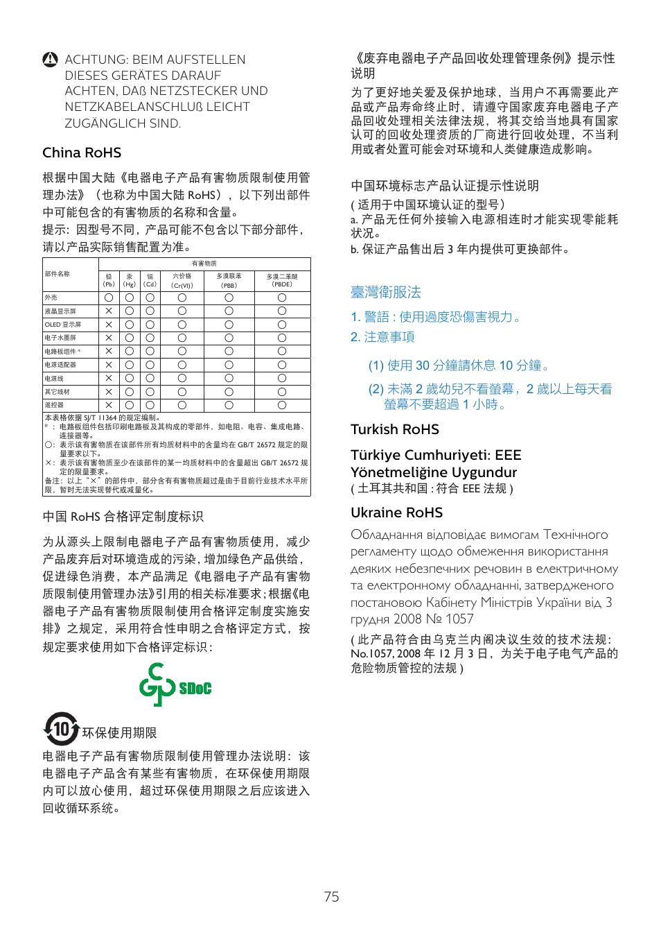China rohs, 臺灣衛服法, 中国 rohs 合格评定制度标识 | 环保使用期限, 废弃电器电子产品回收处理管理条例》提示性 说明, 中国环境标志产品认证提示性说明 | Philips 6000 Series 44.5" SuperWide 32:9 1440p HDR Curved Business Monitor User Manual | Page 75 / 108