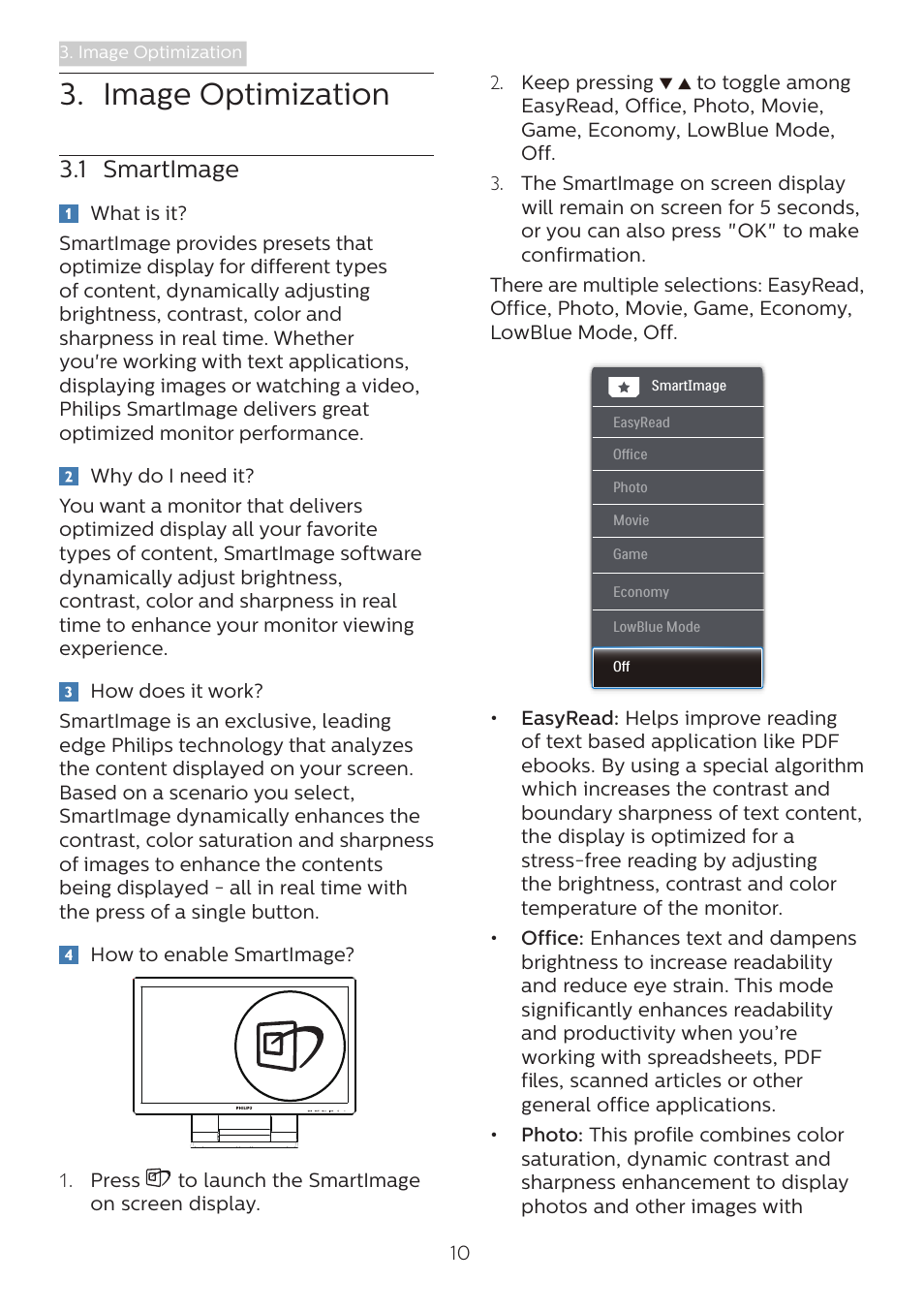 Image optimization, 1 smartimage | Philips 242B9T 23.8" 16:9 IPS Touchscreen Monitor User Manual | Page 12 / 30