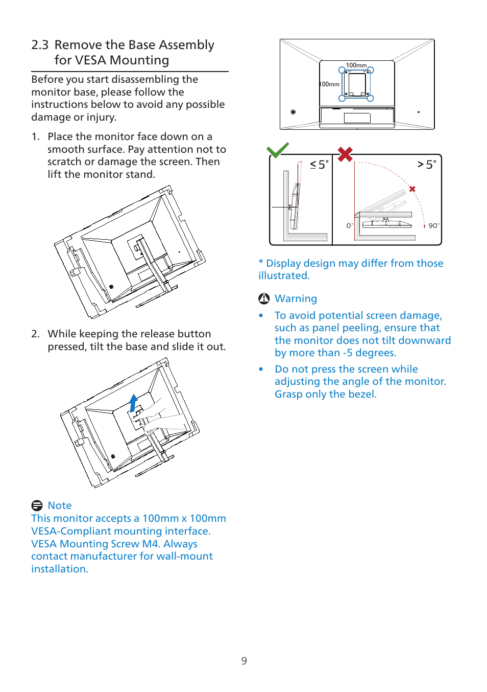 3 remove the base assembly for, Vesa mounting, 3 remove the base assembly for vesa mounting | Philips 32E1N3100LA 31.5" Monitor User Manual | Page 11 / 29