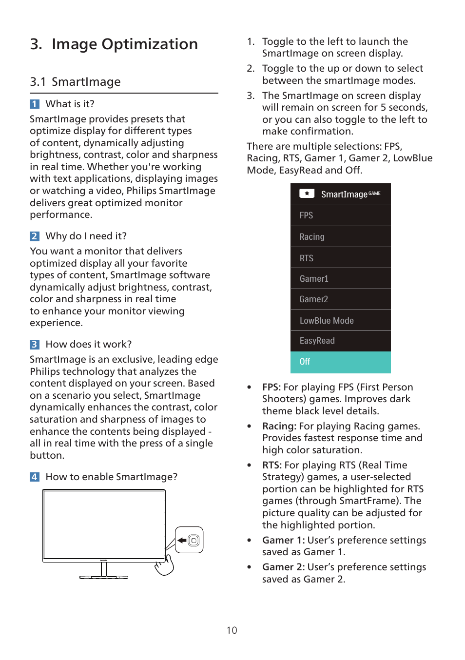 3 image optimization 10, 1 smartimage, 3 image optimization | Philips 32E1N3100LA 31.5" Monitor User Manual | Page 12 / 29