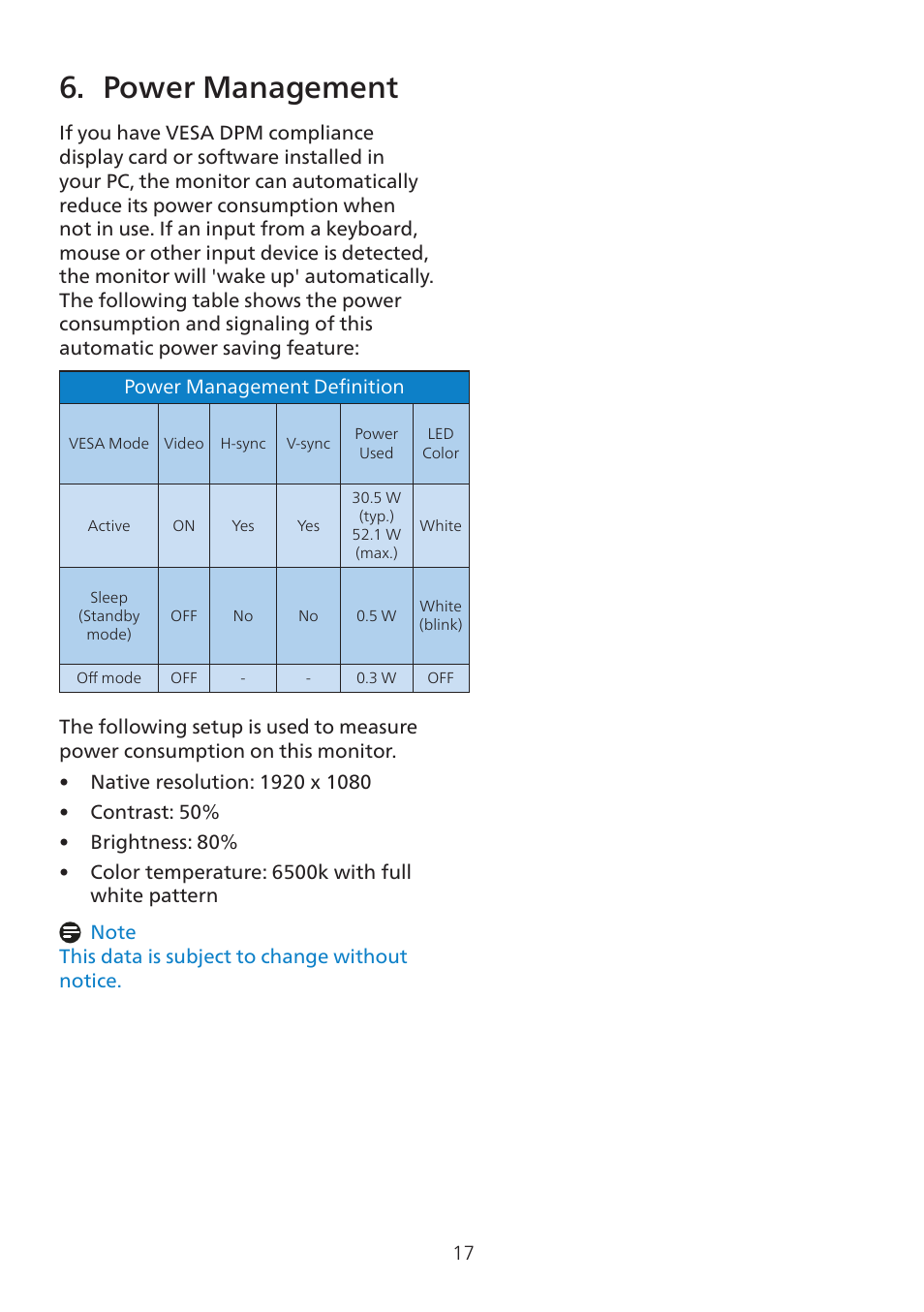 6 power management 17, 6 power management | Philips 32E1N3100LA 31.5" Monitor User Manual | Page 19 / 29