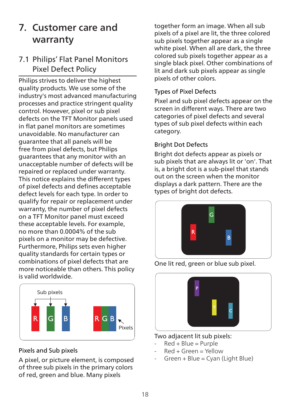 Customer care and warranty, 1 philips’ flat panel monitors pixel, Defect policy | 7customer care and warranty, 1 philips’ flat panel monitors pixel defect policy | Philips 32E1N3100LA 31.5" Monitor User Manual | Page 20 / 29