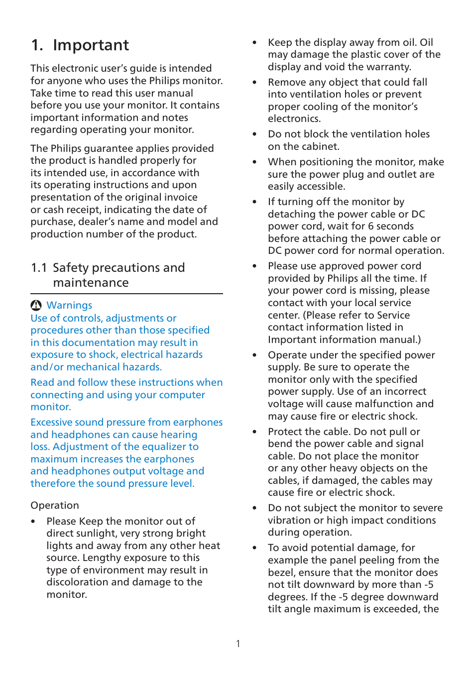 Important 1, 1 safety precautions and, Maintenance | 1 important, 1 safety precautions and maintenance | Philips 32E1N3100LA 31.5" Monitor User Manual | Page 3 / 29