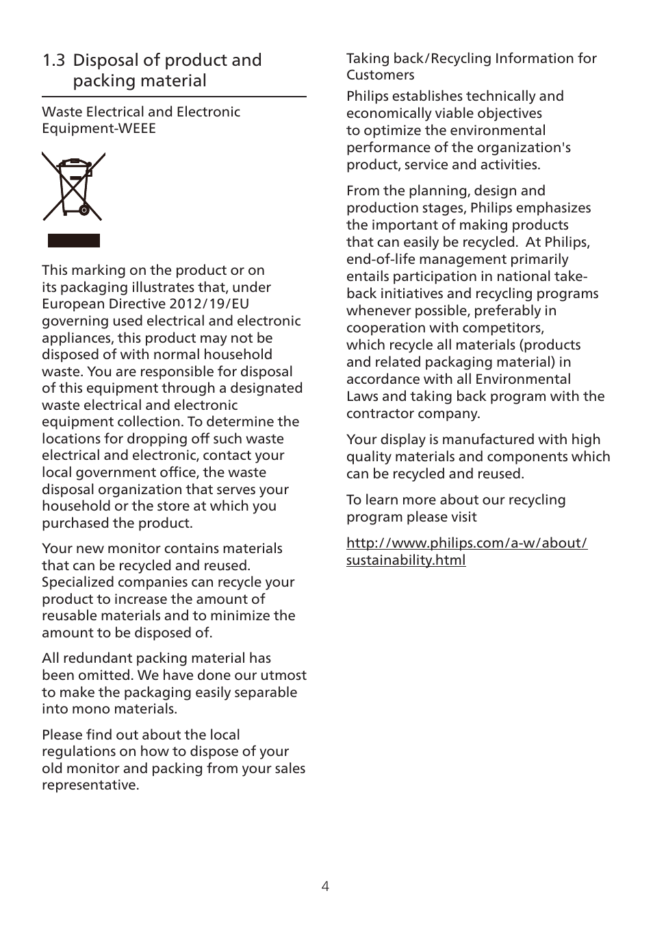 3 disposal of product and packing, Material, 3 disposal of product and packing material | Philips 32E1N3100LA 31.5" Monitor User Manual | Page 6 / 29