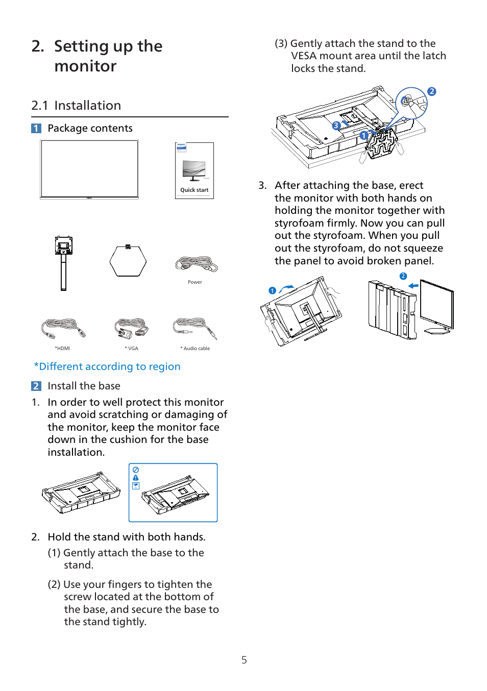 2 setting up the monitor 5, 1 installation, 2 setting up the monitor | Package contents, Different according to region | Philips 32E1N3100LA 31.5" Monitor User Manual | Page 7 / 29