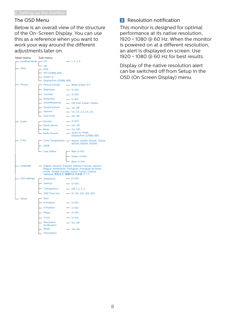 Setting up the monitor | Philips 221B8LJEB 21.5" 16:9 LCD Monitor User Manual | Page 10 / 30