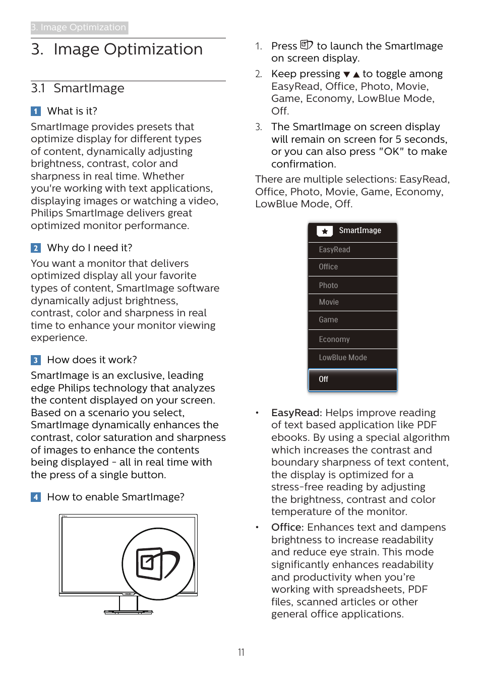 Image optimization, 1 smartimage | Philips 221B8LJEB 21.5" 16:9 LCD Monitor User Manual | Page 13 / 30