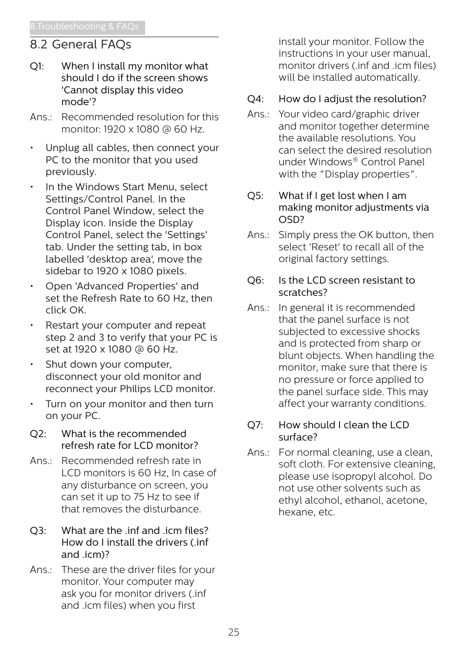 2 general faqs | Philips 221B8LJEB 21.5" 16:9 LCD Monitor User Manual | Page 27 / 30