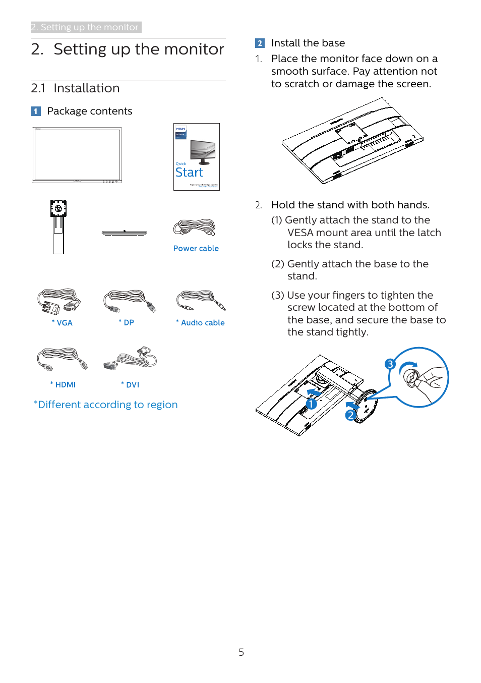 Setting up the monitor, 1 installation | Philips 221B8LJEB 21.5" 16:9 LCD Monitor User Manual | Page 7 / 30