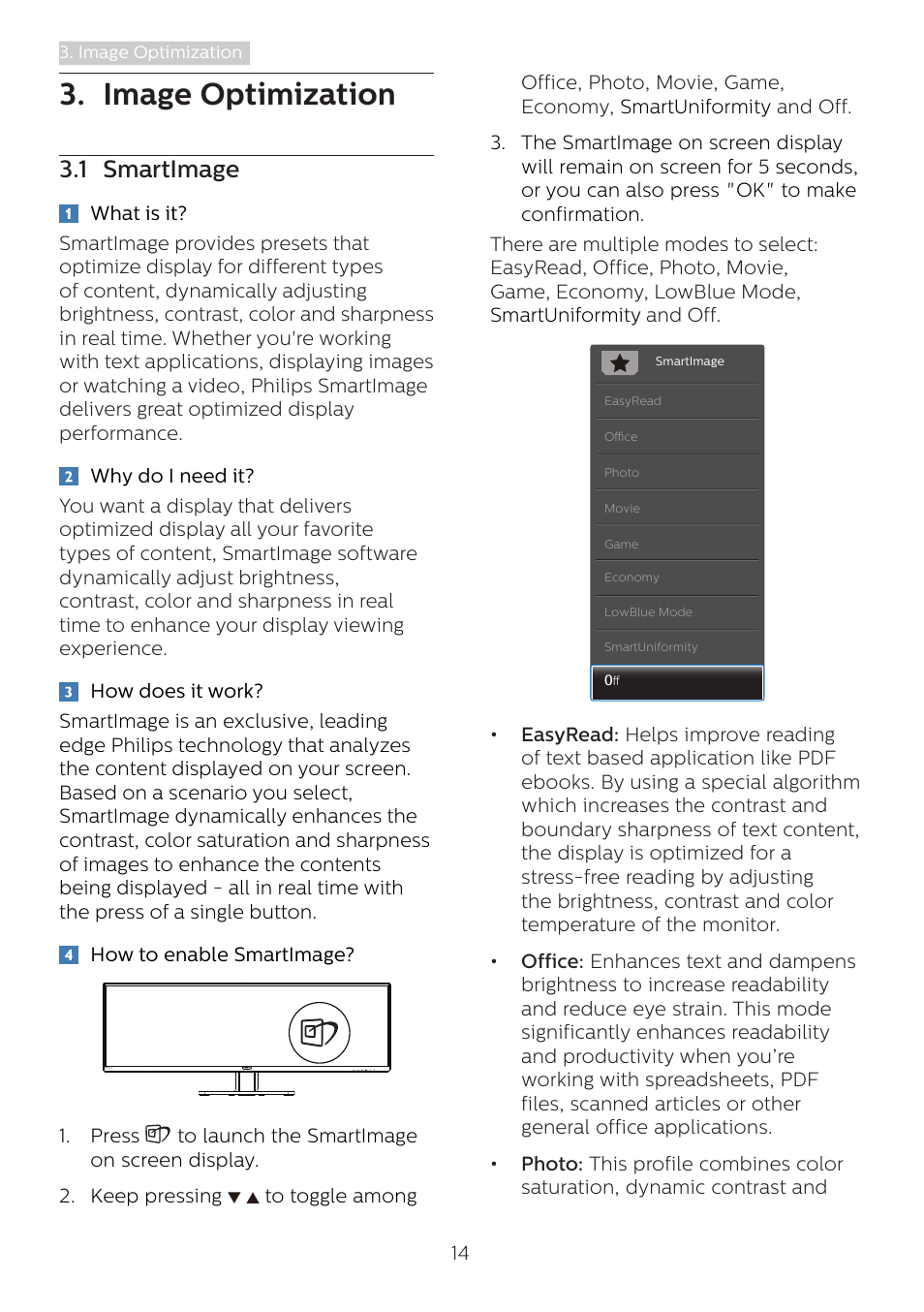 Image optimization, 1 smartimage | Philips 498P9Z 48.8" 1440p HDR Curved Monitor User Manual | Page 16 / 34