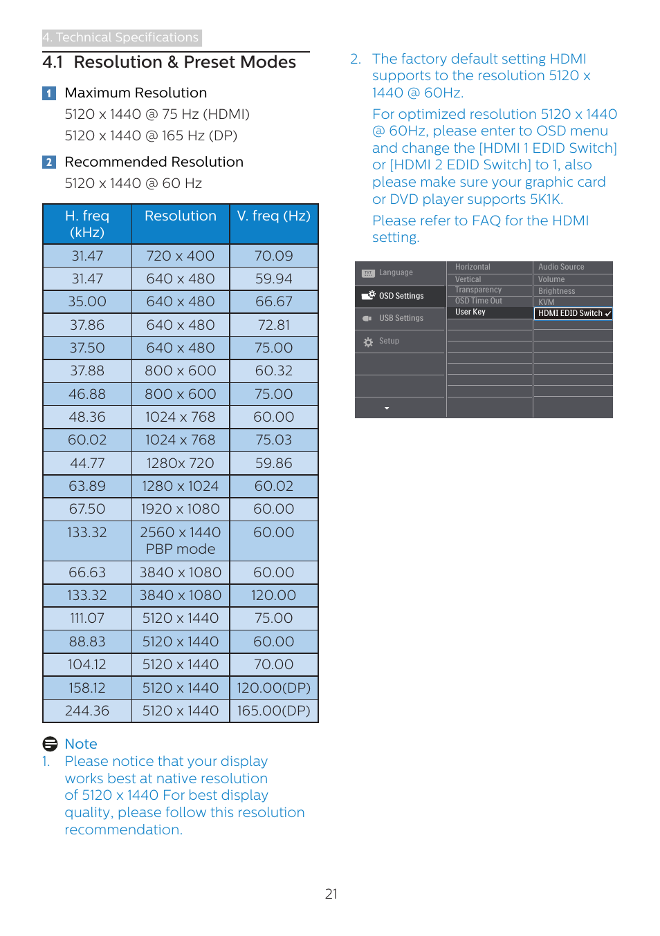 1 resolution & preset modes | Philips 498P9Z 48.8" 1440p HDR Curved Monitor User Manual | Page 23 / 34