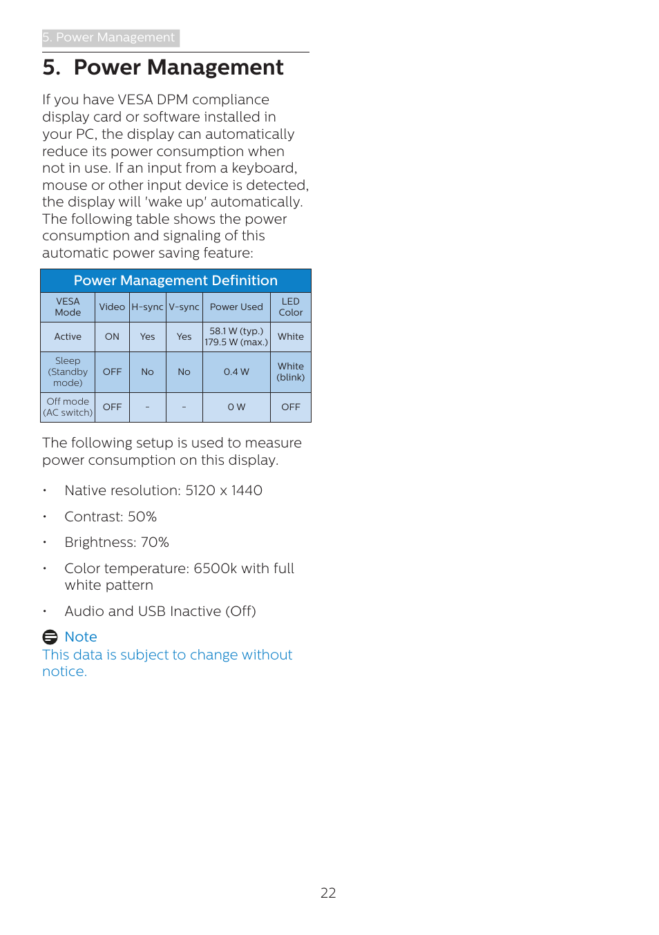 Power management | Philips 498P9Z 48.8" 1440p HDR Curved Monitor User Manual | Page 24 / 34