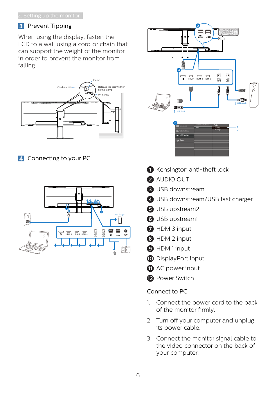 4connecting to your pc, Kensington anti-theft lock, Audio out | Usb downstream, Usb downstream/usb fast charger, Usb upstream2, Usb upstream1, Hdmi3 input, Hdmi2 input, Hdmi1 input | Philips 498P9Z 48.8" 1440p HDR Curved Monitor User Manual | Page 8 / 34