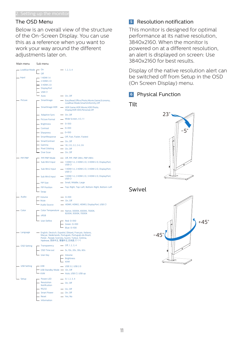 Tilt, Swivel, Physical function | Setting up the monitor | Philips 439P1 42.5" 4K HDR USB Type-C Docking Monitor User Manual | Page 13 / 39