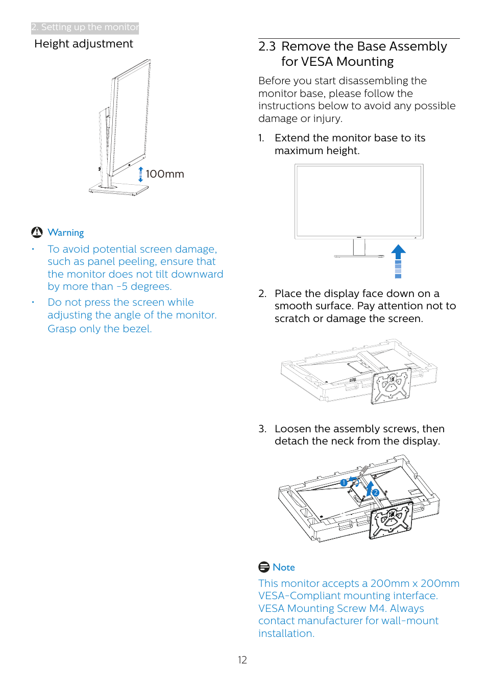 3 remove the base assembly for vesa mounting, 3 remove the base assembly for, Vesa mounting | Philips 439P1 42.5" 4K HDR USB Type-C Docking Monitor User Manual | Page 14 / 39