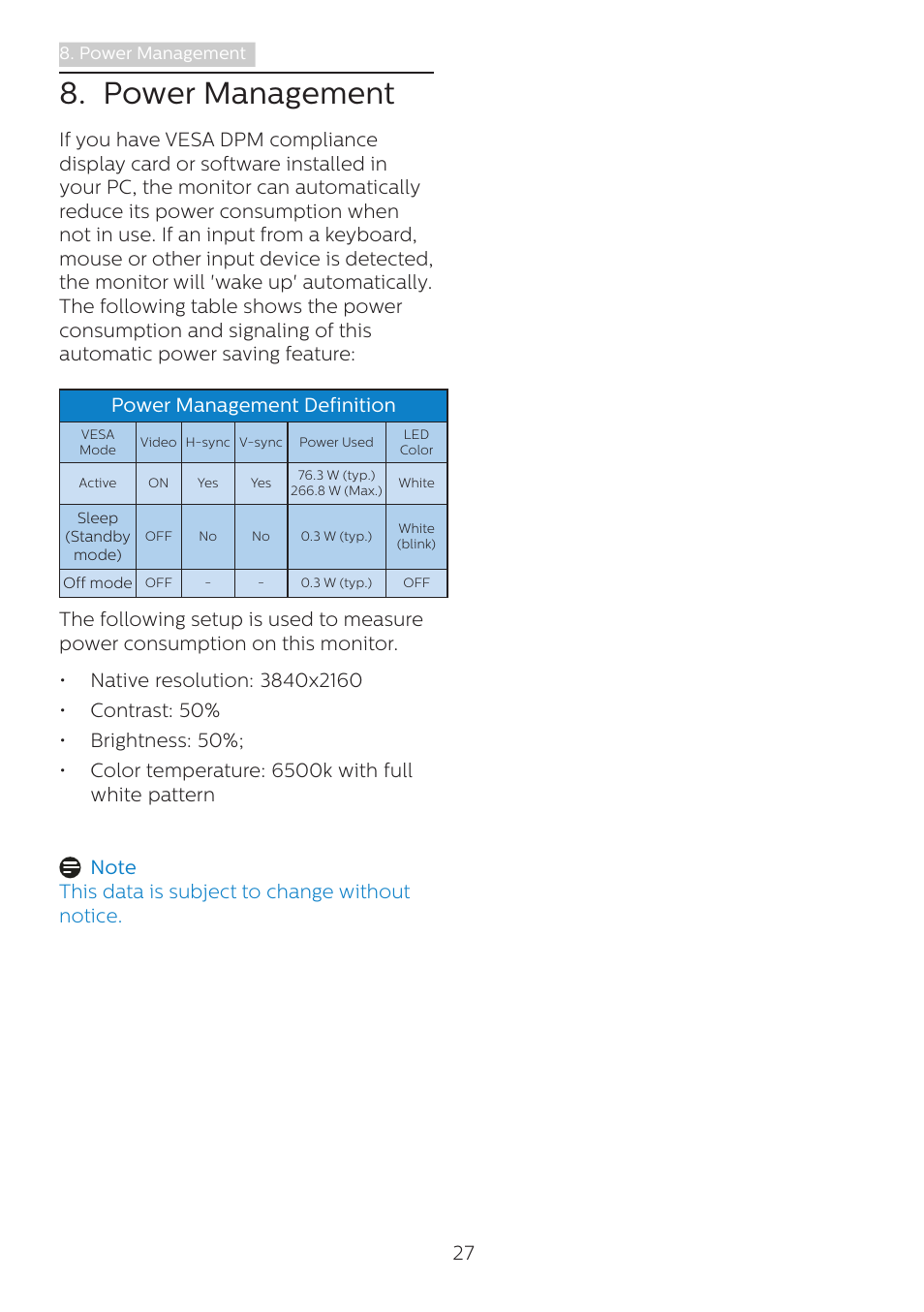 Power management | Philips 439P1 42.5" 4K HDR USB Type-C Docking Monitor User Manual | Page 29 / 39