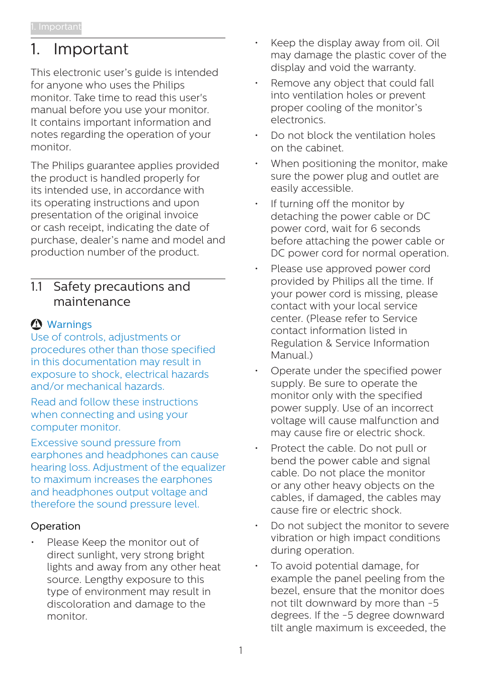 Important, 1 safety precautions and maintenance, 1 safety precautions and | Maintenance | Philips 439P1 42.5" 4K HDR USB Type-C Docking Monitor User Manual | Page 3 / 39