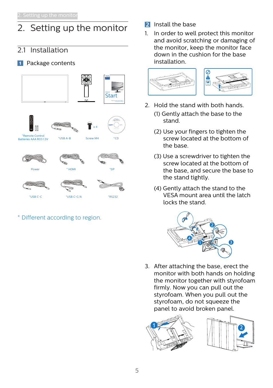 Setting up the monitor, 1 installation, Package contents | Start | Philips 439P1 42.5" 4K HDR USB Type-C Docking Monitor User Manual | Page 7 / 39