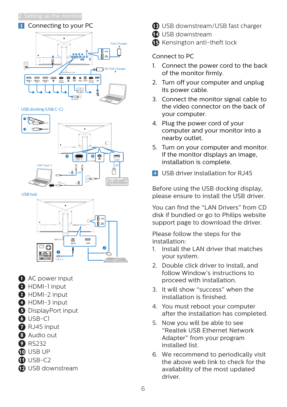 Connecting to your pc, Usb-c1, Rj45 input | Audio out, Rs232, Usb up, Usb-c2, Usb downstream, Usb downstream/usb fast charger | Philips 439P1 42.5" 4K HDR USB Type-C Docking Monitor User Manual | Page 8 / 39