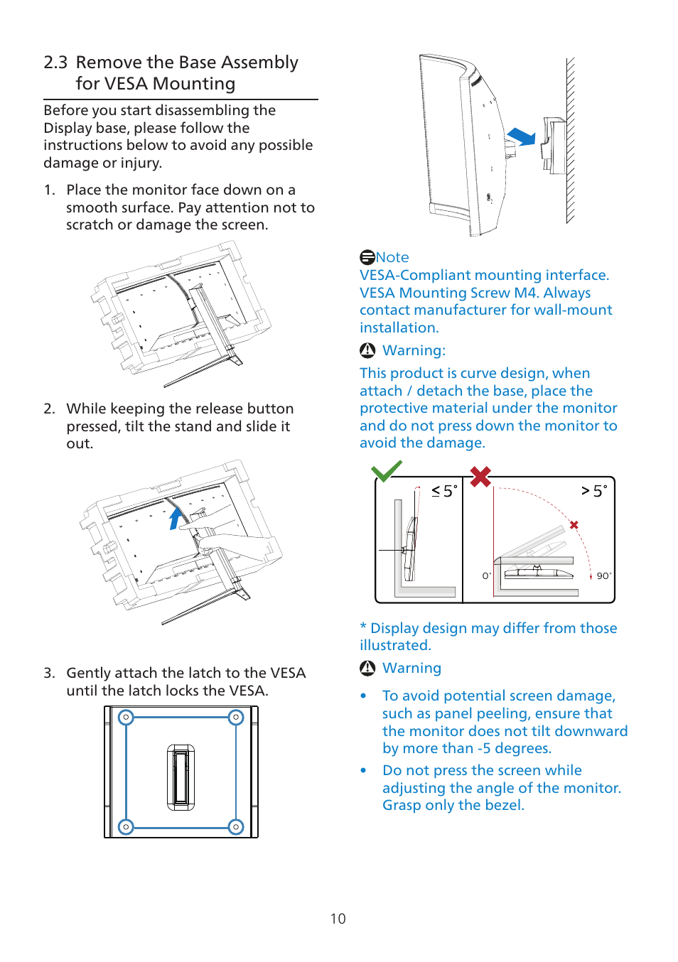 3 remove the base assembly for vesa mounting, 3 remove the base assembly for, Vesa mounting | Philips 8000 34" 1440p HDR 175 Hz Curved Ultrawide Gaming Monitor (White) User Manual | Page 12 / 41