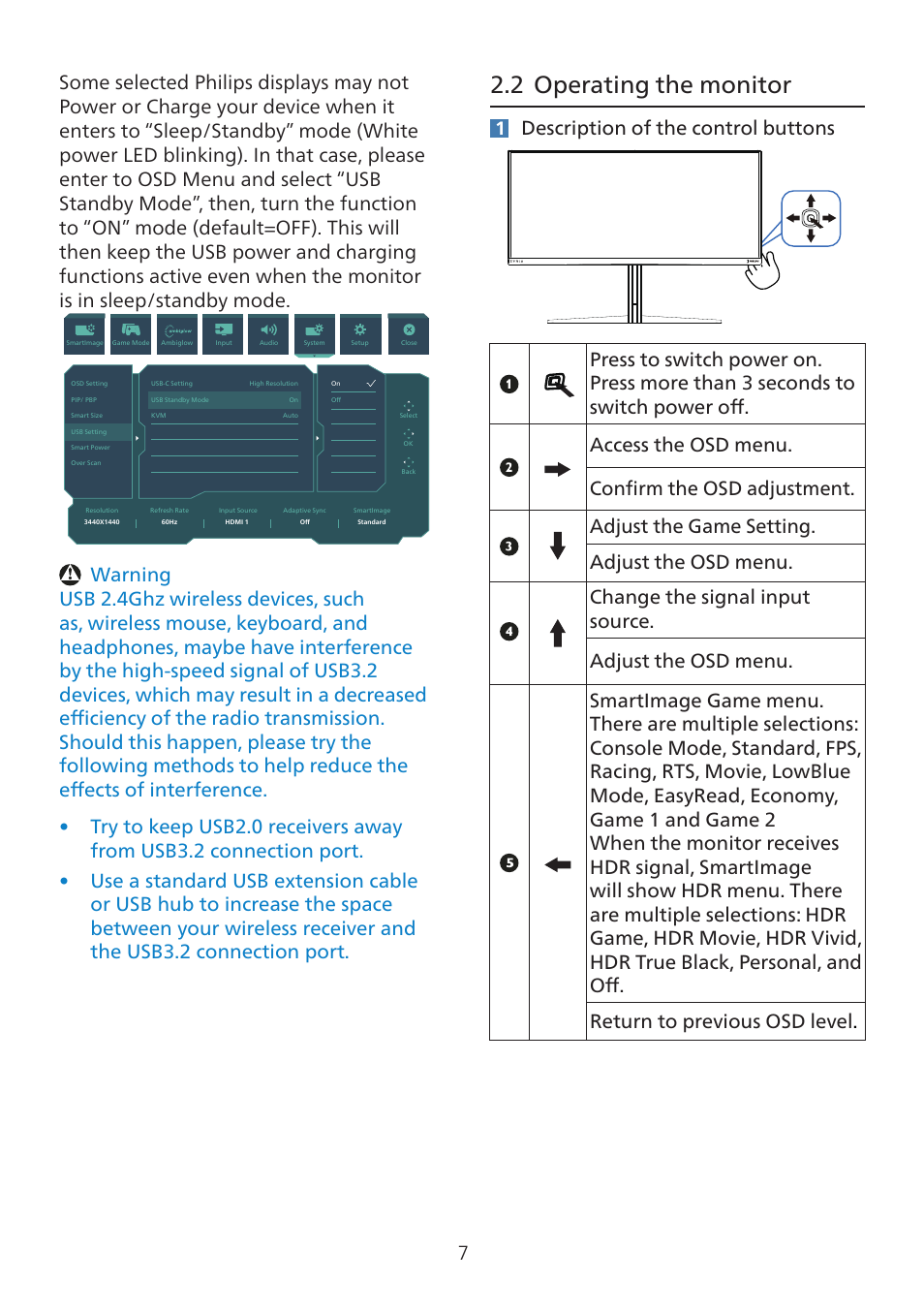 2 operating the monitor | Philips 8000 34" 1440p HDR 175 Hz Curved Ultrawide Gaming Monitor (White) User Manual | Page 9 / 41