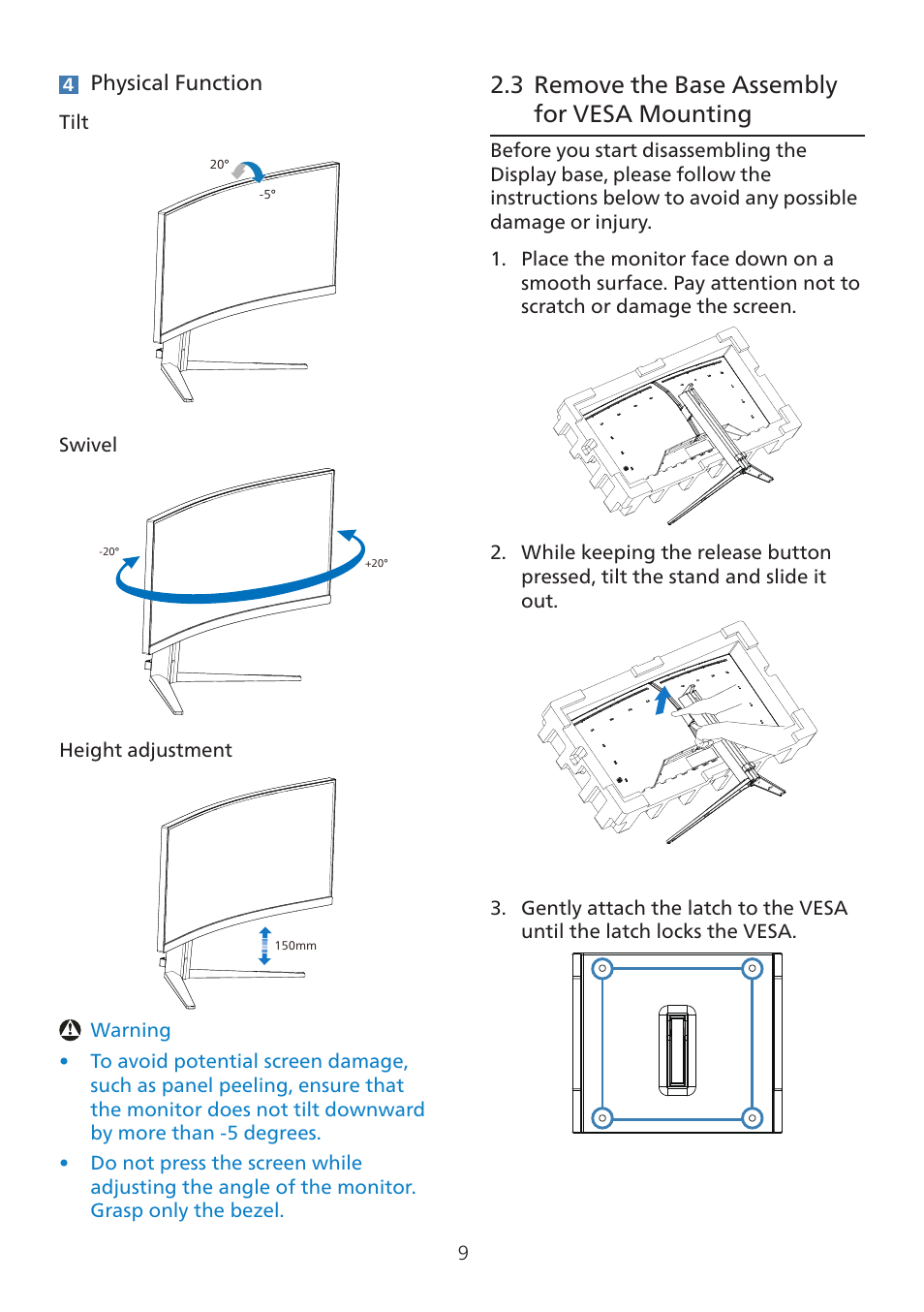 3 remove the base assembly for, Vesa mounting, 3 remove the base assembly for vesa mounting | Philips 7000 34" 1440p HDR 165 Hz Curved Ultrawide Gaming Monitor (White) User Manual | Page 11 / 37