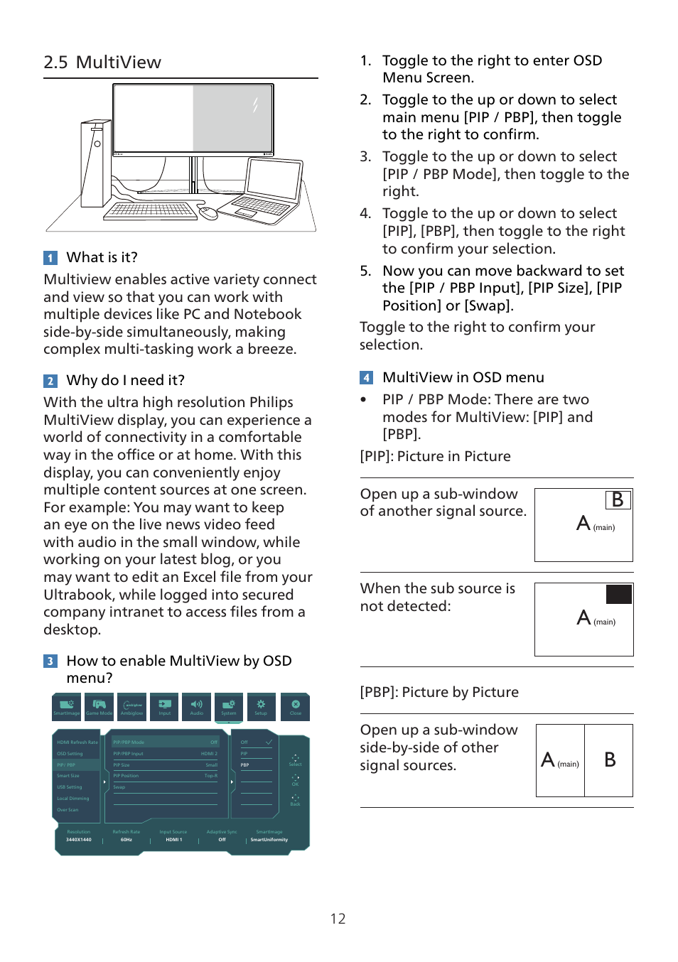 5 multiview, When the sub source is not detected | Philips 7000 34" 1440p HDR 165 Hz Curved Ultrawide Gaming Monitor (White) User Manual | Page 14 / 37